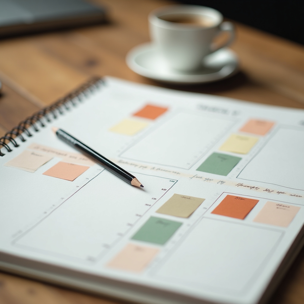 Planning settimanale su carta con etichette adesive colorate che indicano lo stato di avanzamento di diversi articoli in scrittura