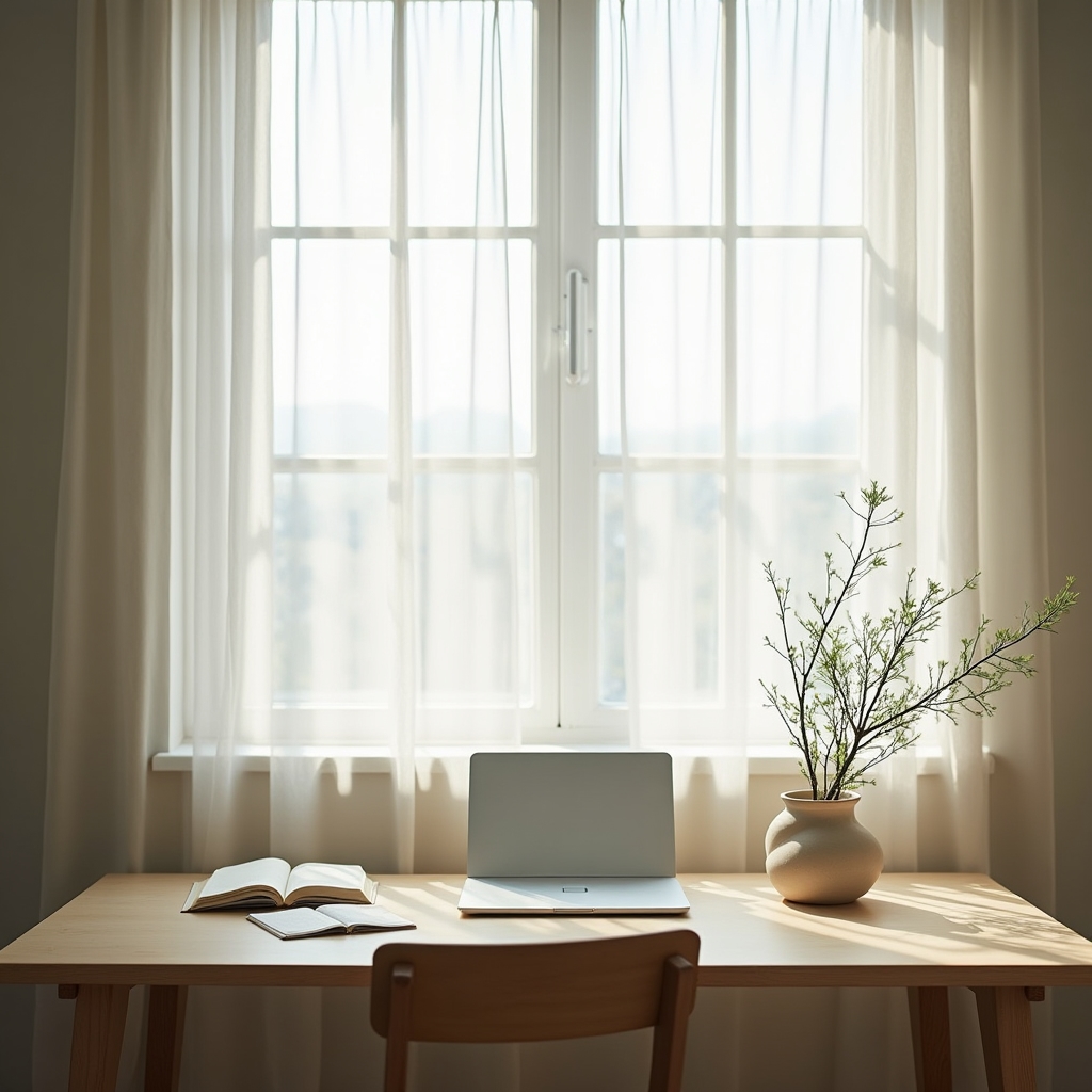 Scrivania minimale davanti a una grande finestra con luce naturale diffusa, laptop chiuso e taccuino aperto