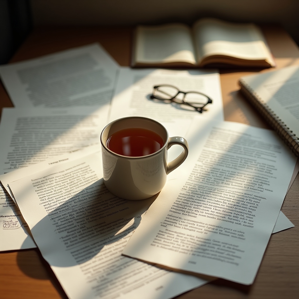 Scrivania con lettere stampate, tazza di tè e taccuino aperto, luce naturale morbida proveniente da una finestra laterale
