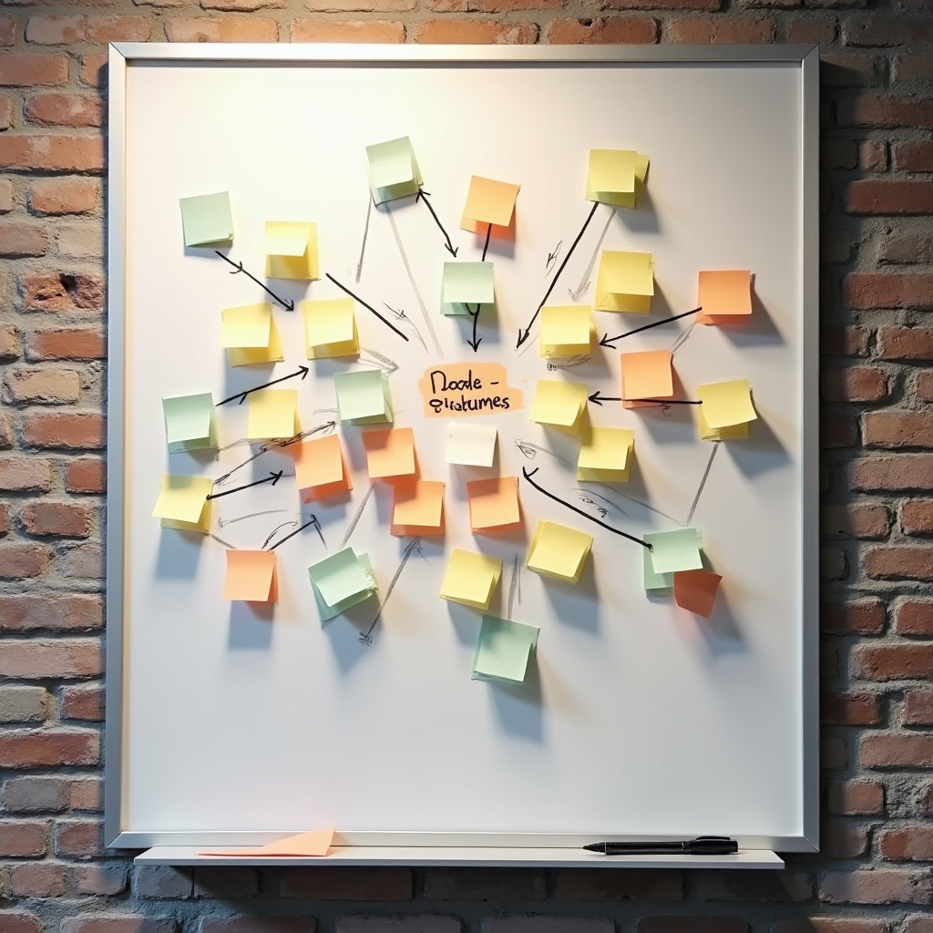 Lavagna bianca con post-it colorati e appunti manoscritti che rappresentano il processo di selezione dei temi da trattare